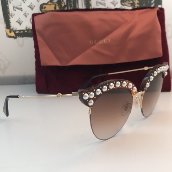 New Authentic Gucci Pearl-Embellished Sunglasses - Brown GG0212s 002 - Picture 3 of 12